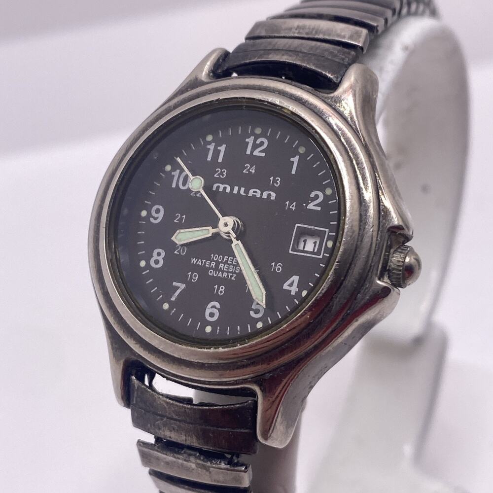 Vintage Milan Date Stretch Womens Silver Watch New Battery